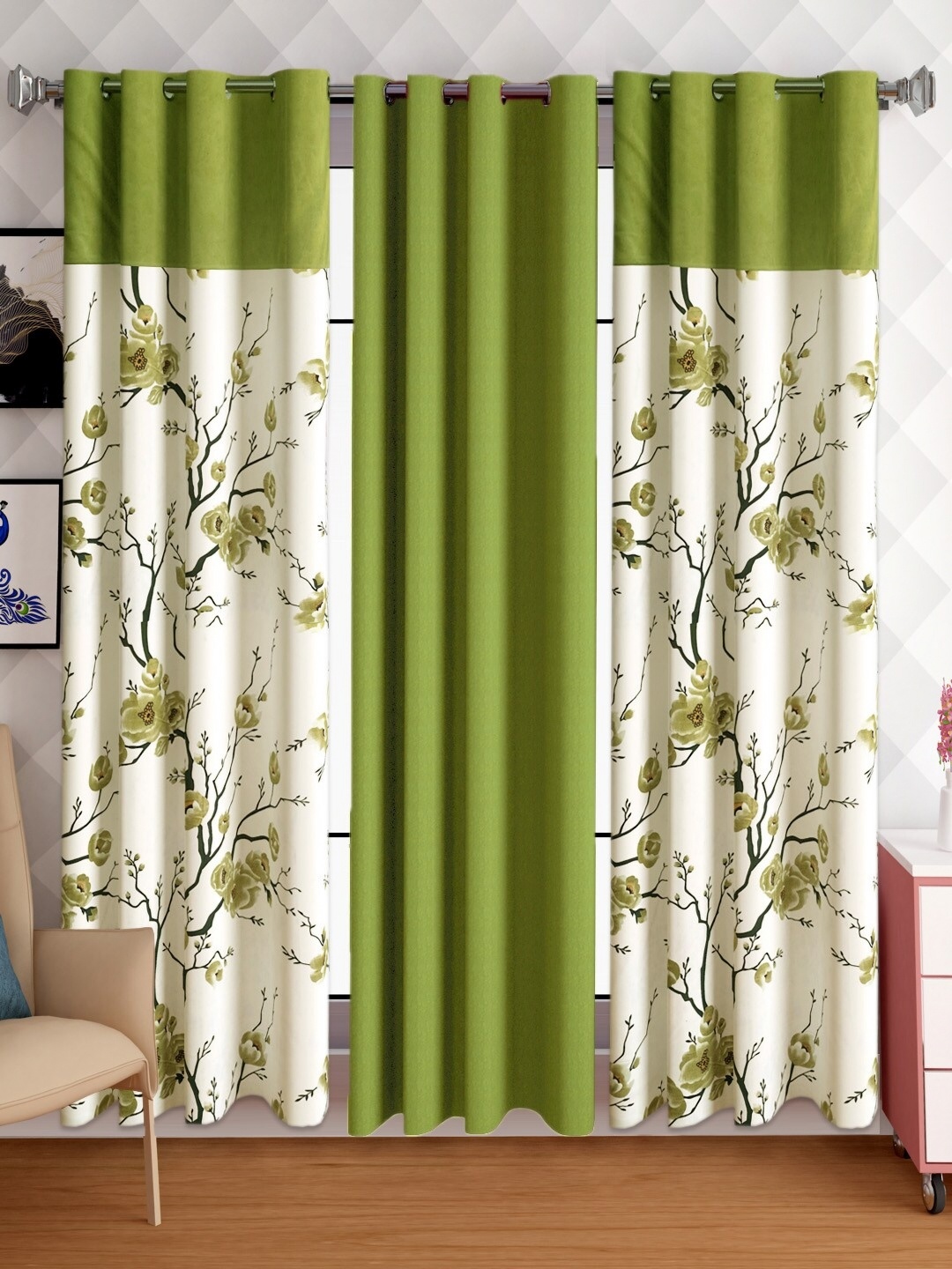 

Lunar Days Green & White 3 Pieces Floral Room Darkening Door Curtain