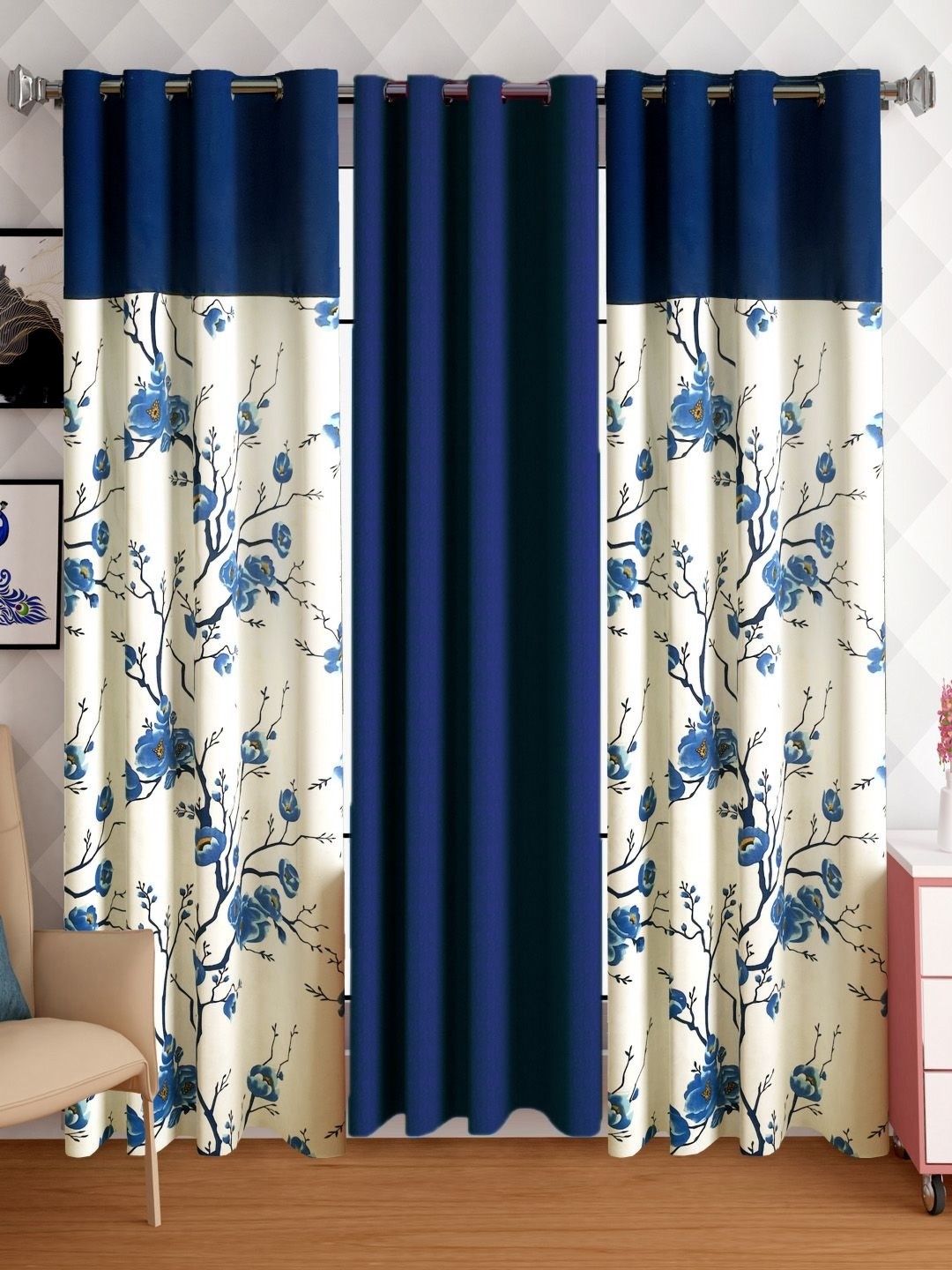 

Lunar Days Blue & White 3 Pieces Floral Room Darkening Long Door Curtain