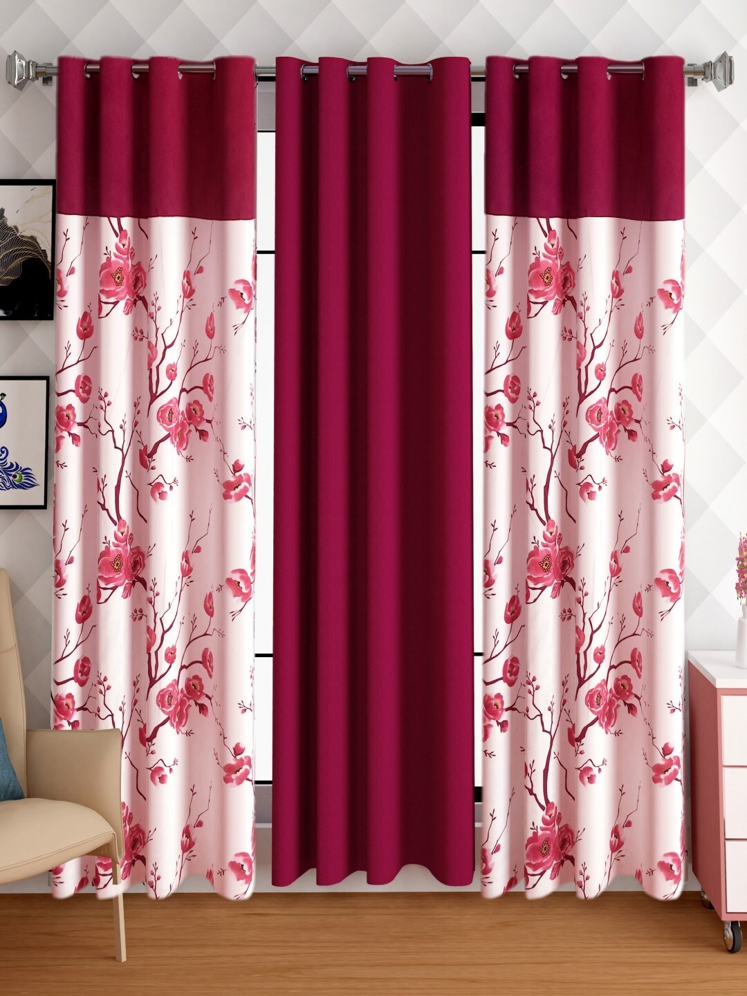 

Lunar Days Maroon & White 3 Pieces Floral Room Darkening Long Door Curtains