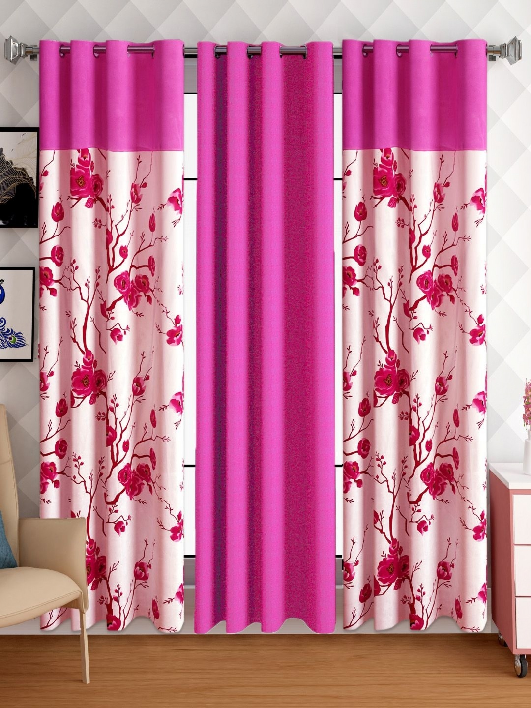 Lunar Days Pink & White 3 Pieces Floral Room Darkening Long Door Curtain