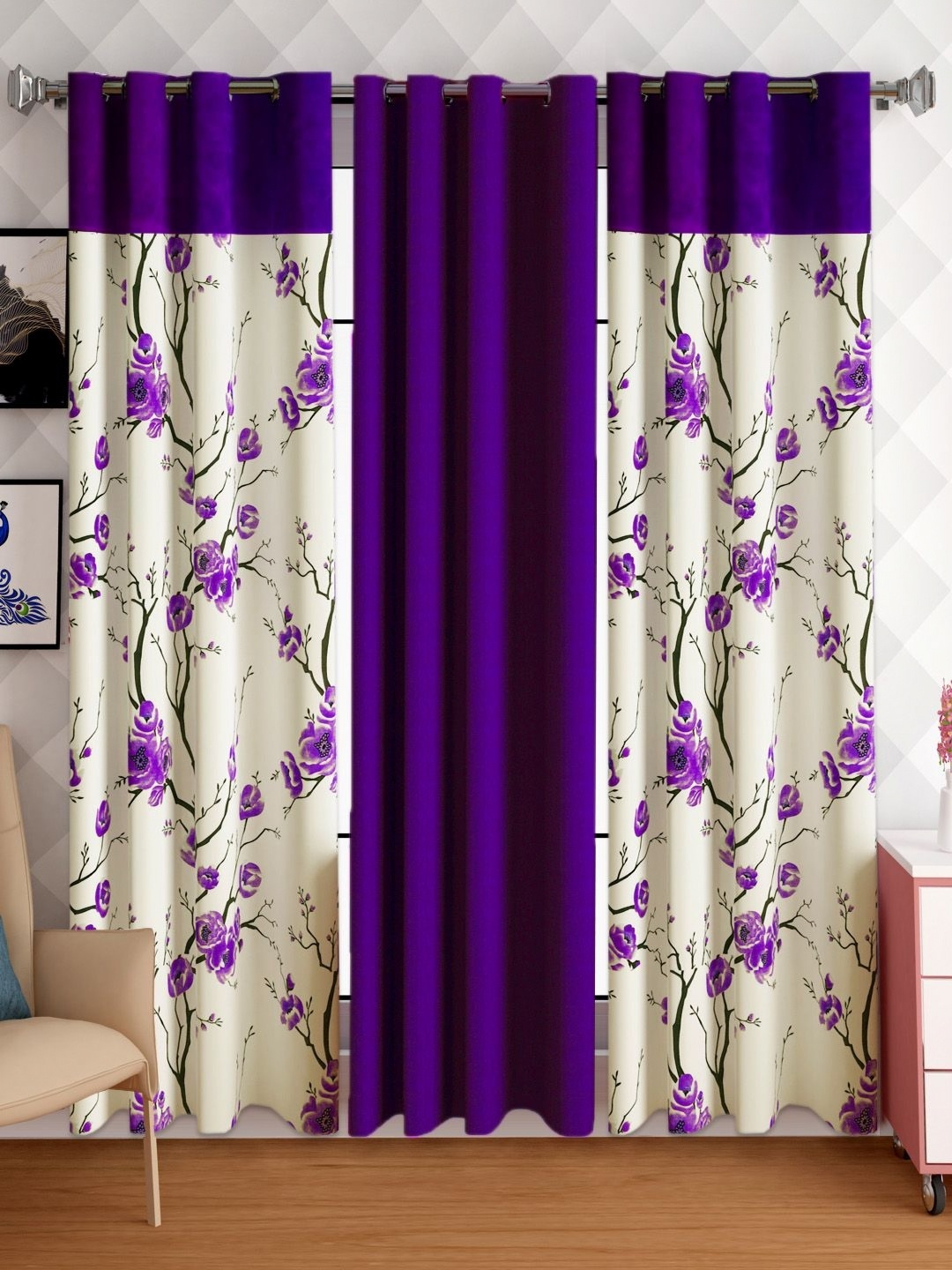 

Lunar Days Purple & White 3 Pieces Floral Room Darkening Long Door Curtain
