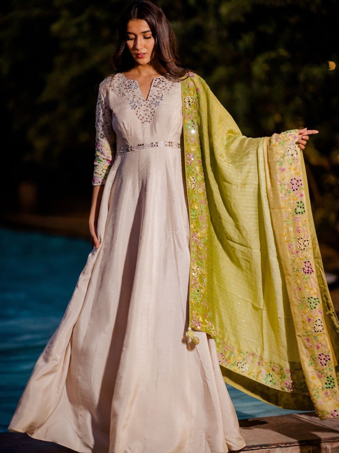 

Nikita Vishakha Embellished Satin Gown Ehnic Dress With Dupatta, Green