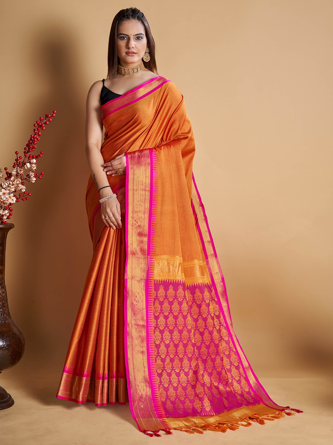 

bansari textiles Woven Design Zari Banarasi Saree, Orange