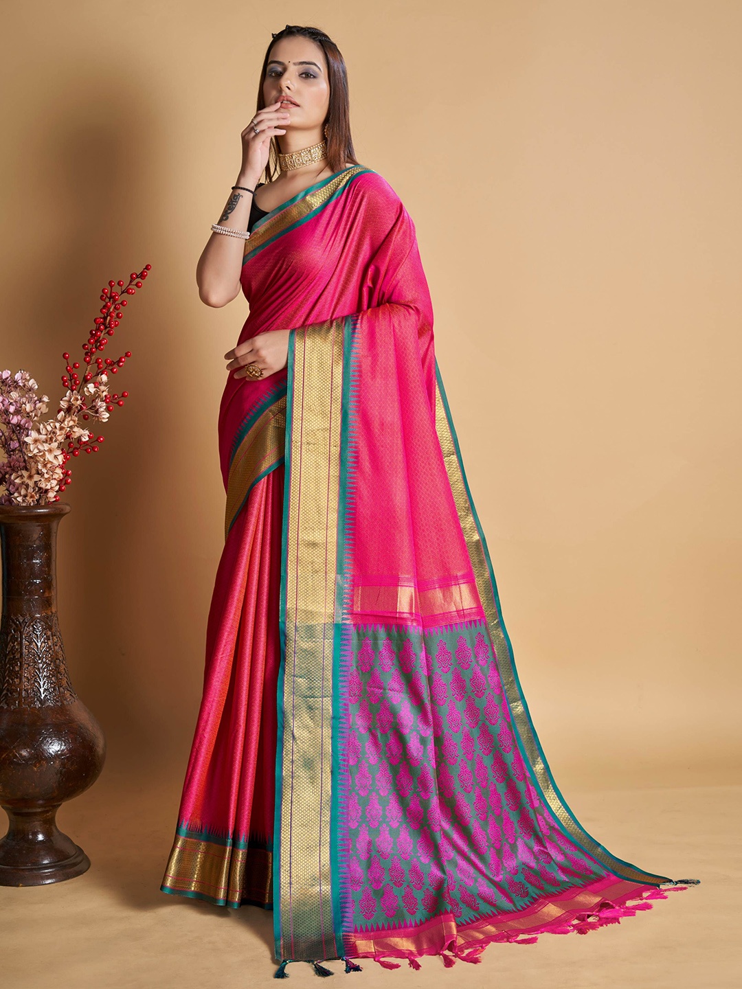 

bansari textiles Woven Design Zari Banarasi Saree, Pink