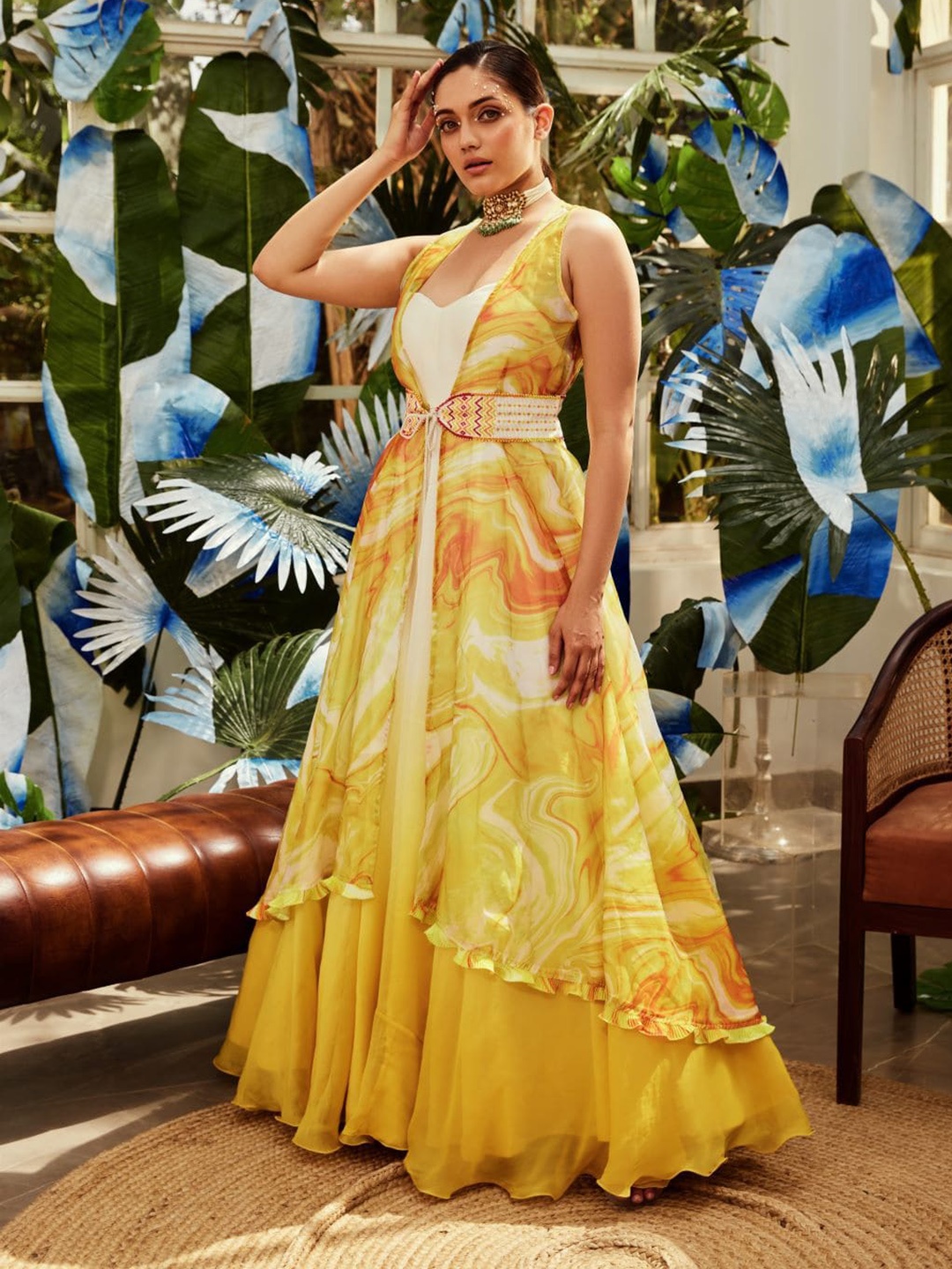 

Nikita Vishakha Printed Satin Gown Dress, Yellow
