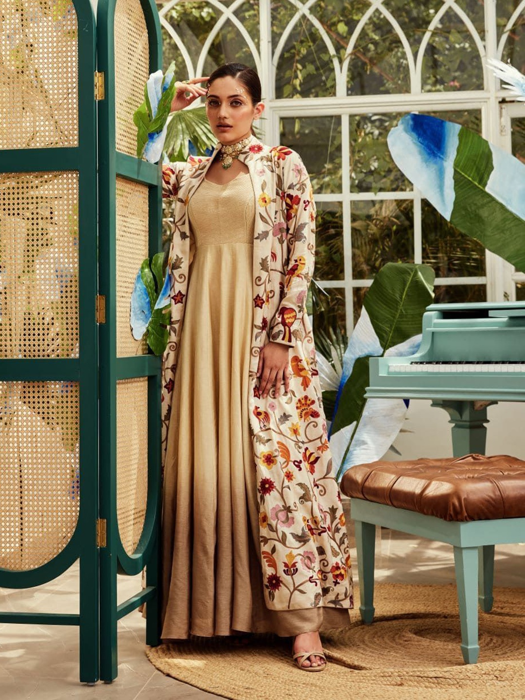 

Nikita Vishakha Floral Print Flutter Sleeve Satin Maxi Dress, White