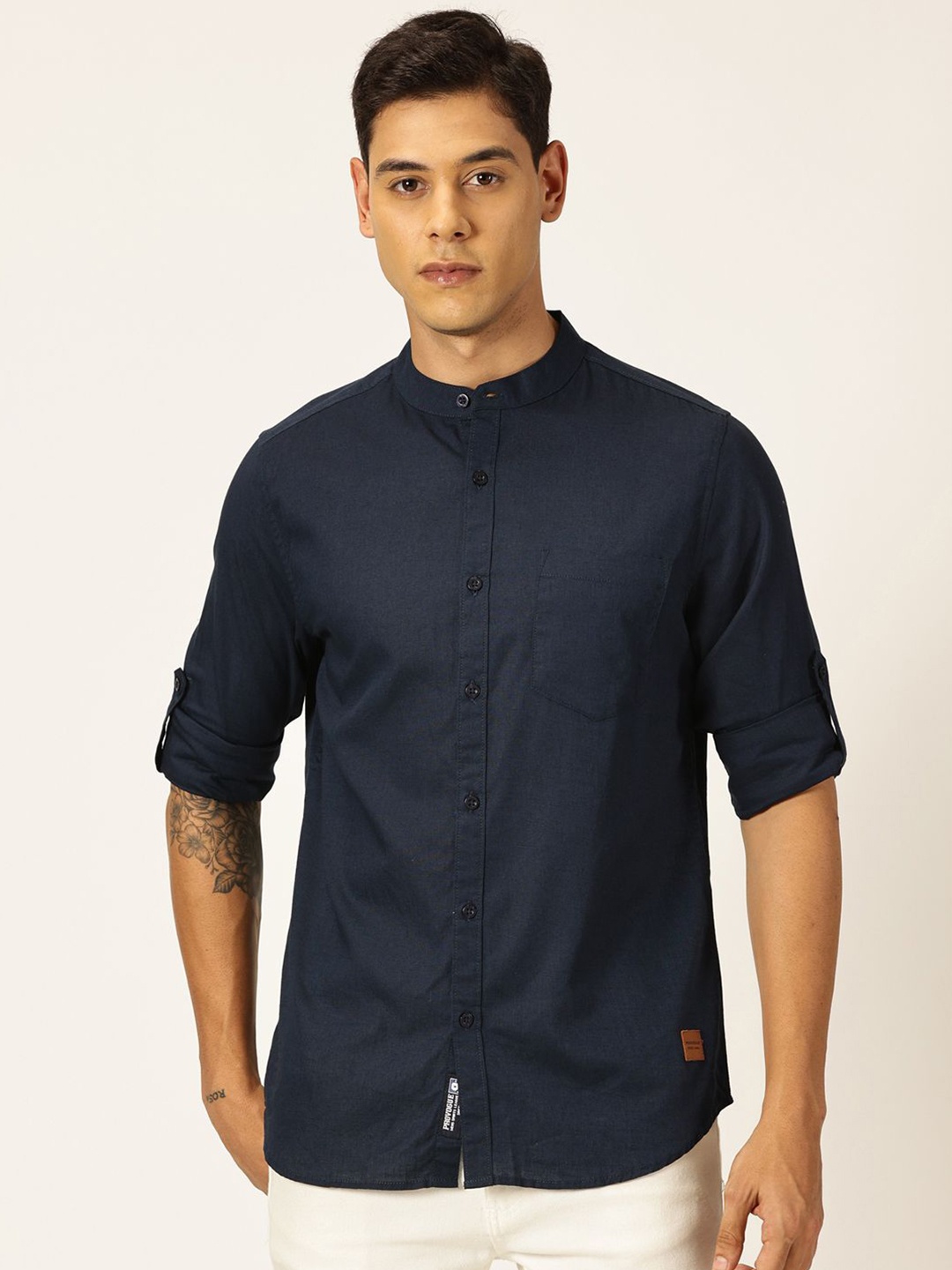 

Provogue Men Classic Roll-Up Sleeves Mandarin Collar Casual Shirt, Navy blue