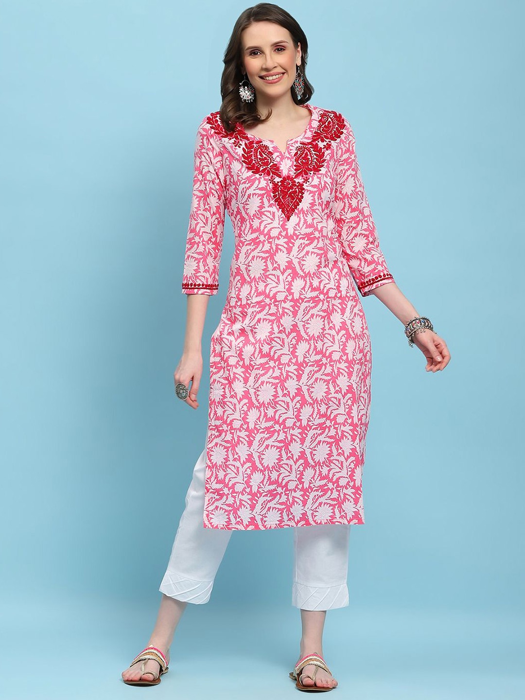 

House of Chikankari Floral Printed Embroidered Chiknkari Cotton Straight Kurta Kurta, Pink