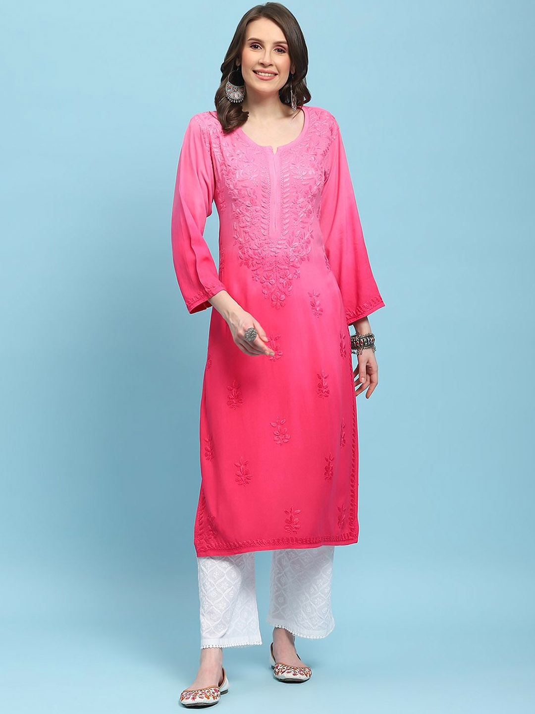 

House of Chikankari Ombre Dyed Embroidered Chikankari Straight Kurta, Pink