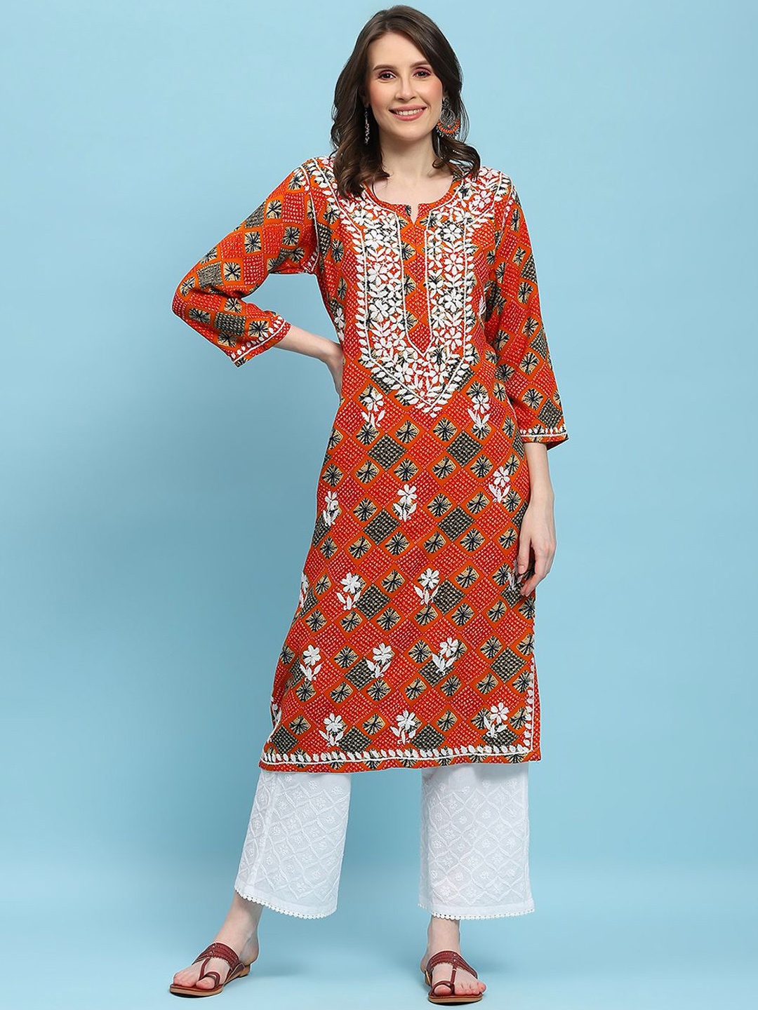 

House of Chikankari Chikankari Printed Kurta, Orange