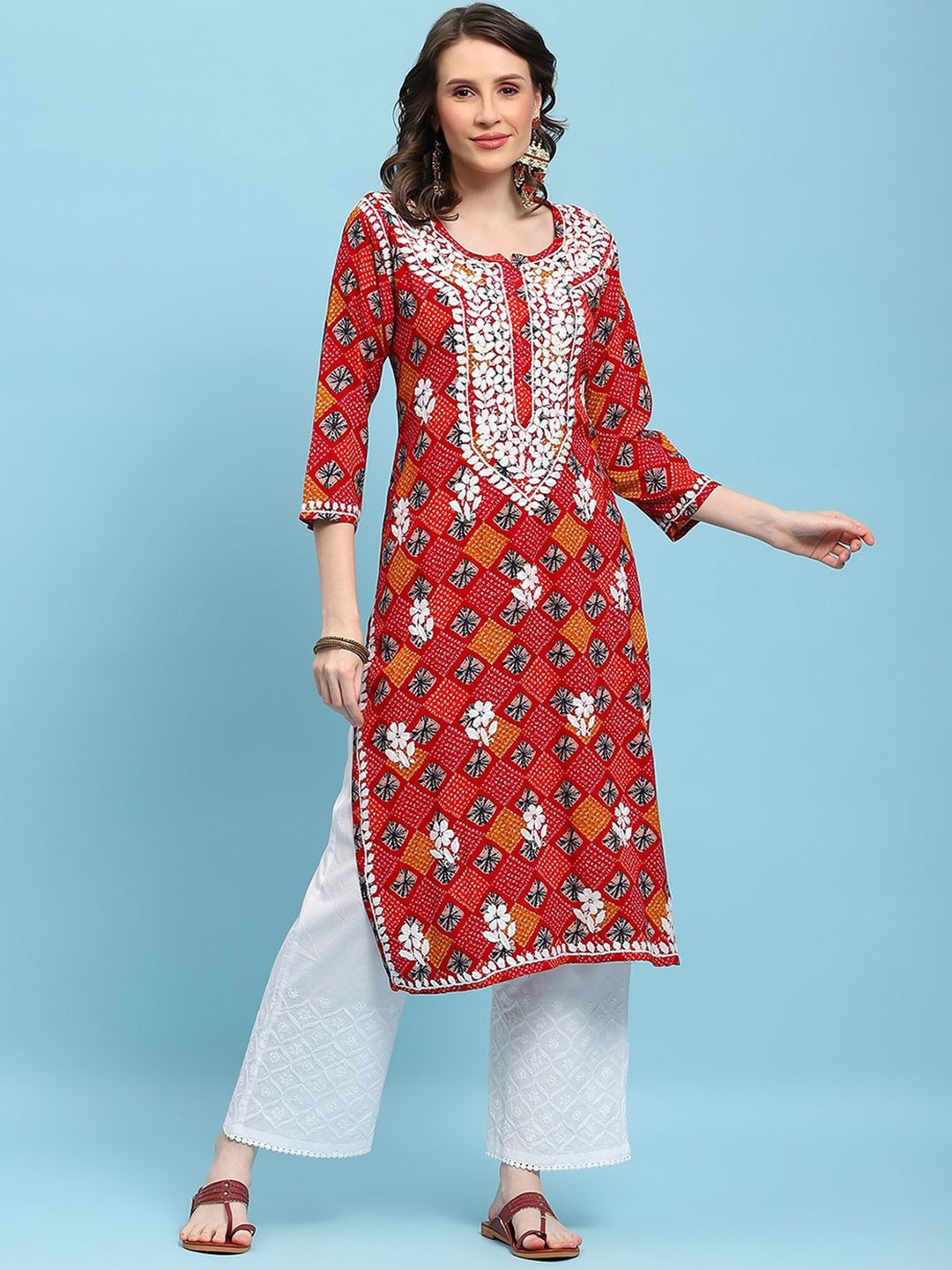 

House of Chikankari Chikankari Printed Kurta, Red