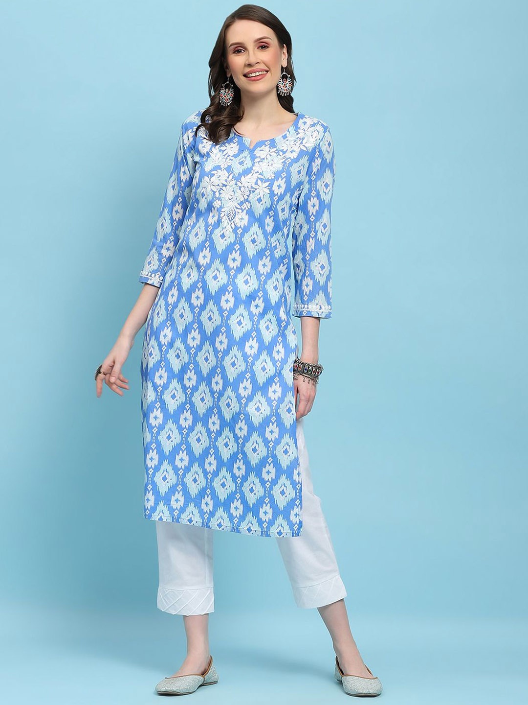

House of Chikankari Ikkat Printed Notch Neck Cotton Chikankari Straight Kurta, Blue