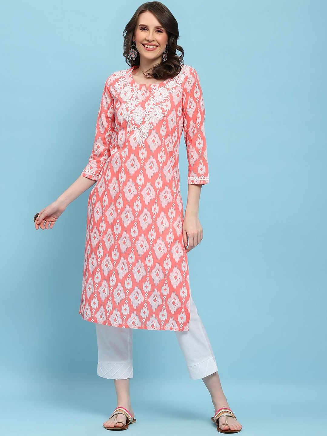 

House of Chikankari Ikkat Printed Notch Neck Cotton Chikankari Straight Kurta, Peach