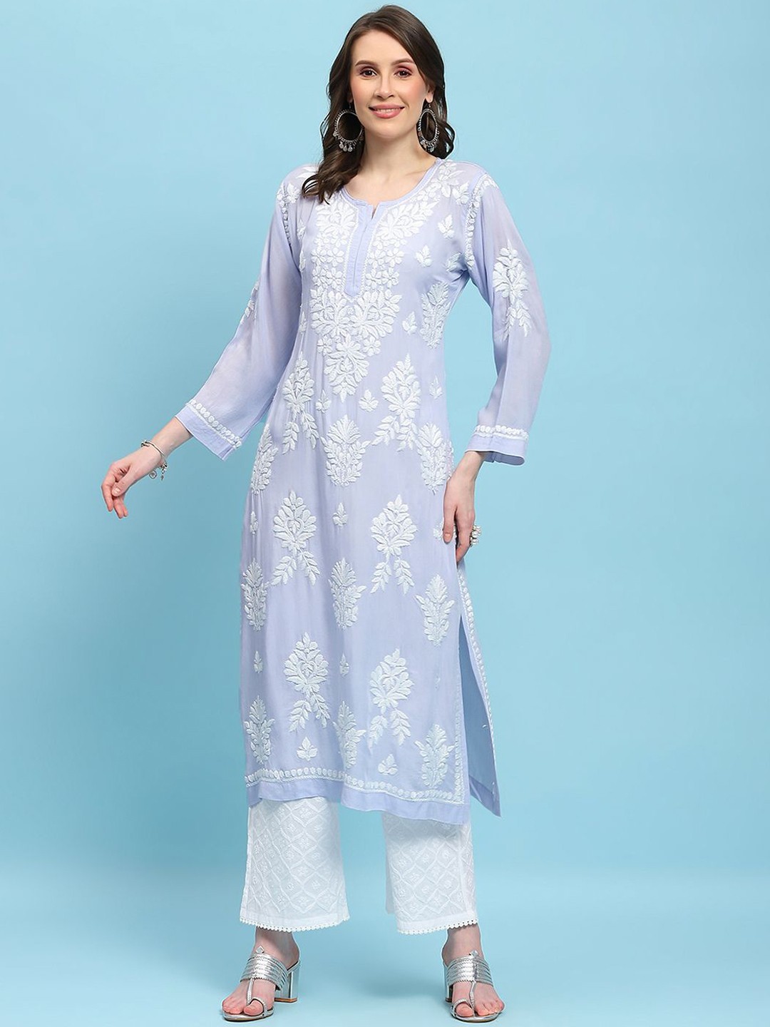 

House of Chikankari Women Embroidered Flared Sleeves Chikankari Anarkali Kurta, Purple