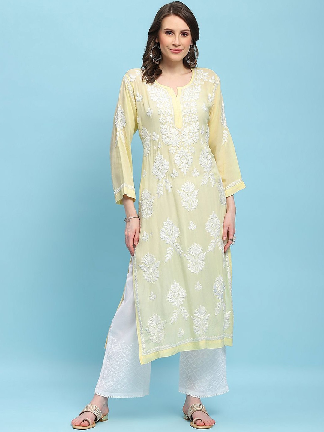 

House of Chikankari Floral Embroidered Notch Neck Modal Chikankari Straight Kurta, Yellow