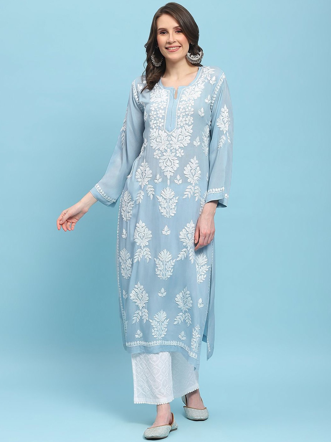 

House of Chikankari Women Tribal Embroidered Chikankari Kurta, Grey