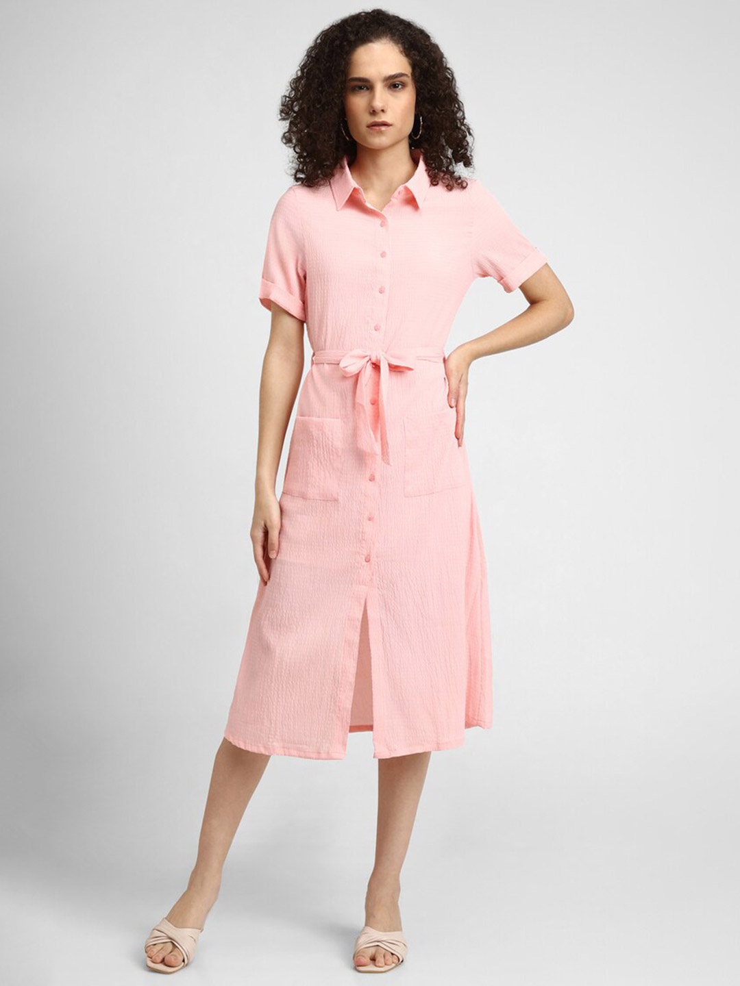 

FOREVER 21 Shirt Midi Textured Knee Length Dress, Peach