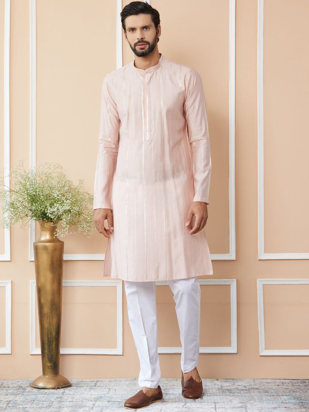 

See Designs Mandarin Collar Long Sleeves Thread Work Chanderi Silk Straight Kurta, Pink
