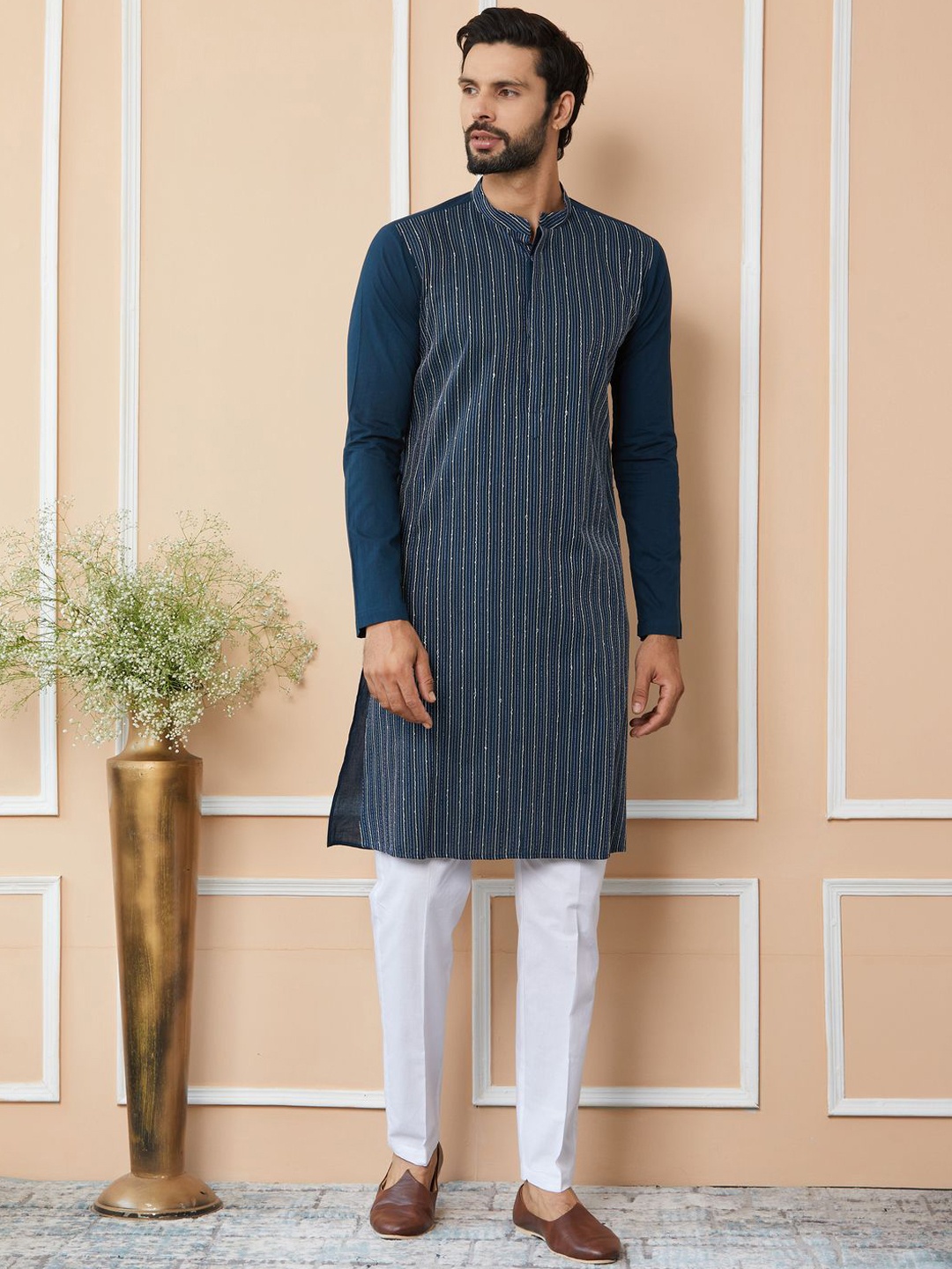 

See Designs Mandarin Collar Long sleeves Striped Thread Work Cotton Straight Kurta, Blue