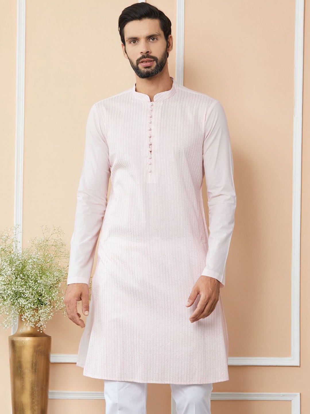 

See Designs Mandarin Collar Long Sleeves Thread Work Cotton Straight Kurta, Pink