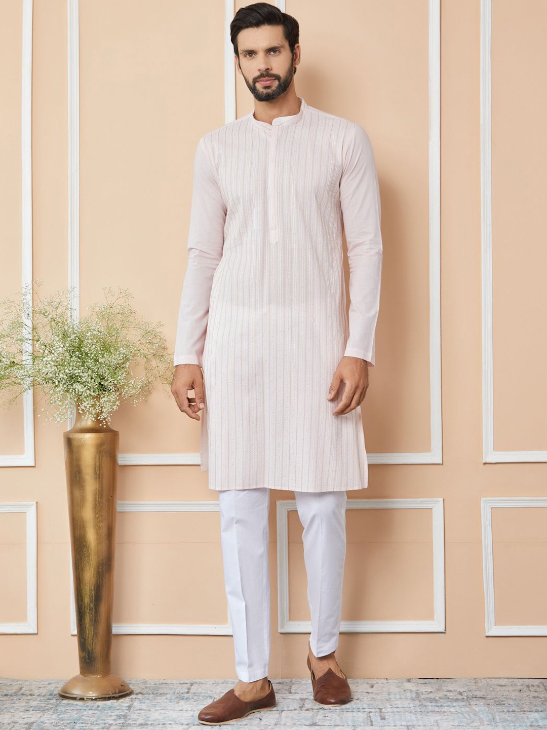 

See Designs Striped Mandarin Collar Thread Work Pure Cotton Straight Kurta, Pink