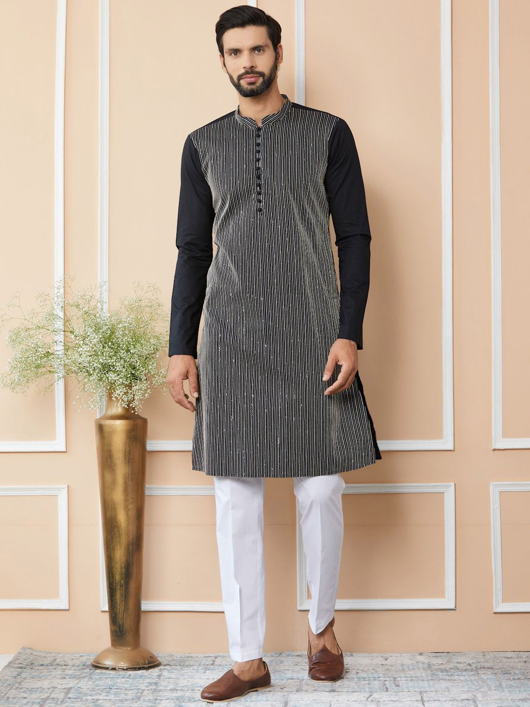 

See Designs Striped Mandarin Collar Thread Work Cotton Straight Kurta, Black