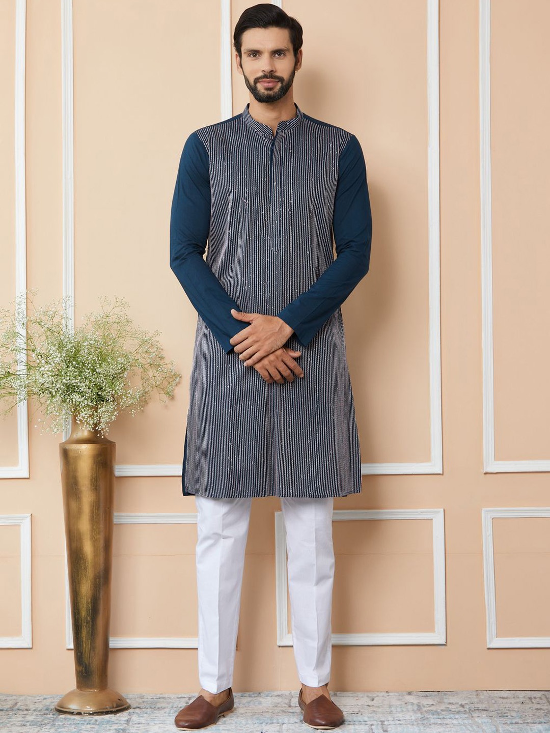 

See Designs Striped Mandarin Collar Thread Work Pure Cotton Straight Kurta, Blue