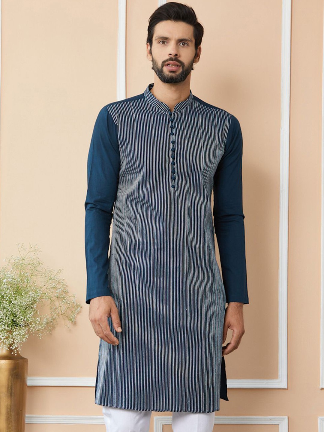 

See Designs Mandarin Collar Long Sleeves Thread Work Cotton Straight Kurta, Blue