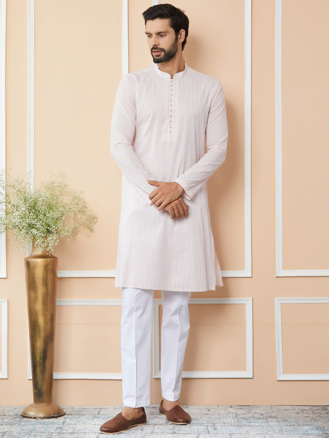 

See Designs Mandarin Collar Long Sleeves Thread Work Cotton Straight Kurta, Pink