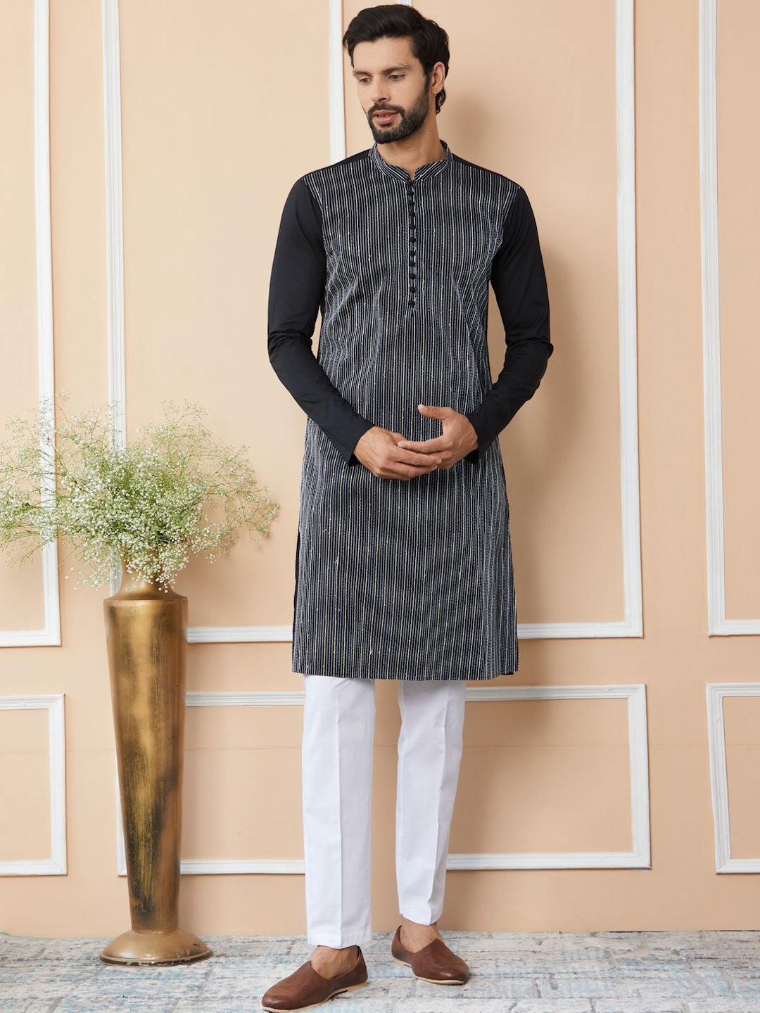 

See Designs Striped Mandarin Collar Thread Work Pure Cotton Straight Kurta, Black