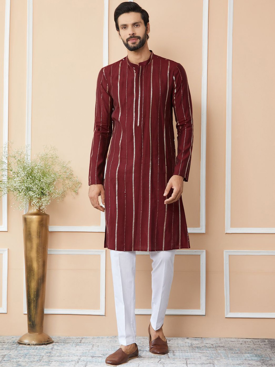 

See Designs Striped Mandarin Collar Sequins Chanderi Silk Straight Kurta, Maroon