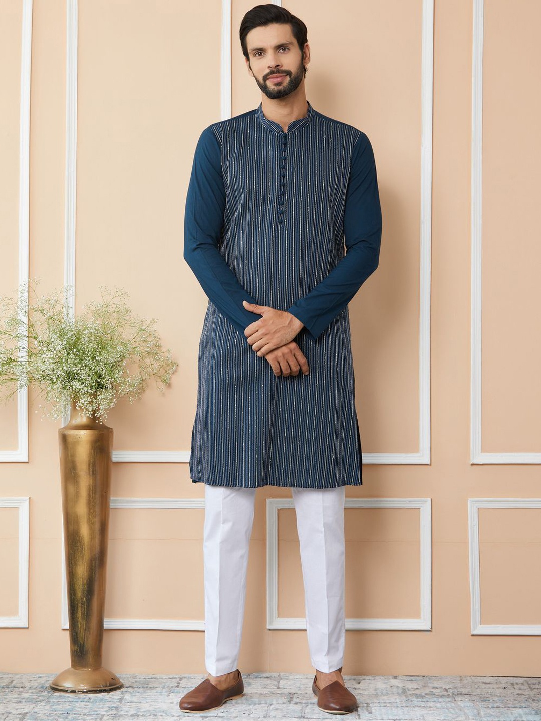 

See Designs Striped Mandarin Collar Thread Work Pure Cotton Straight Kurta, Blue