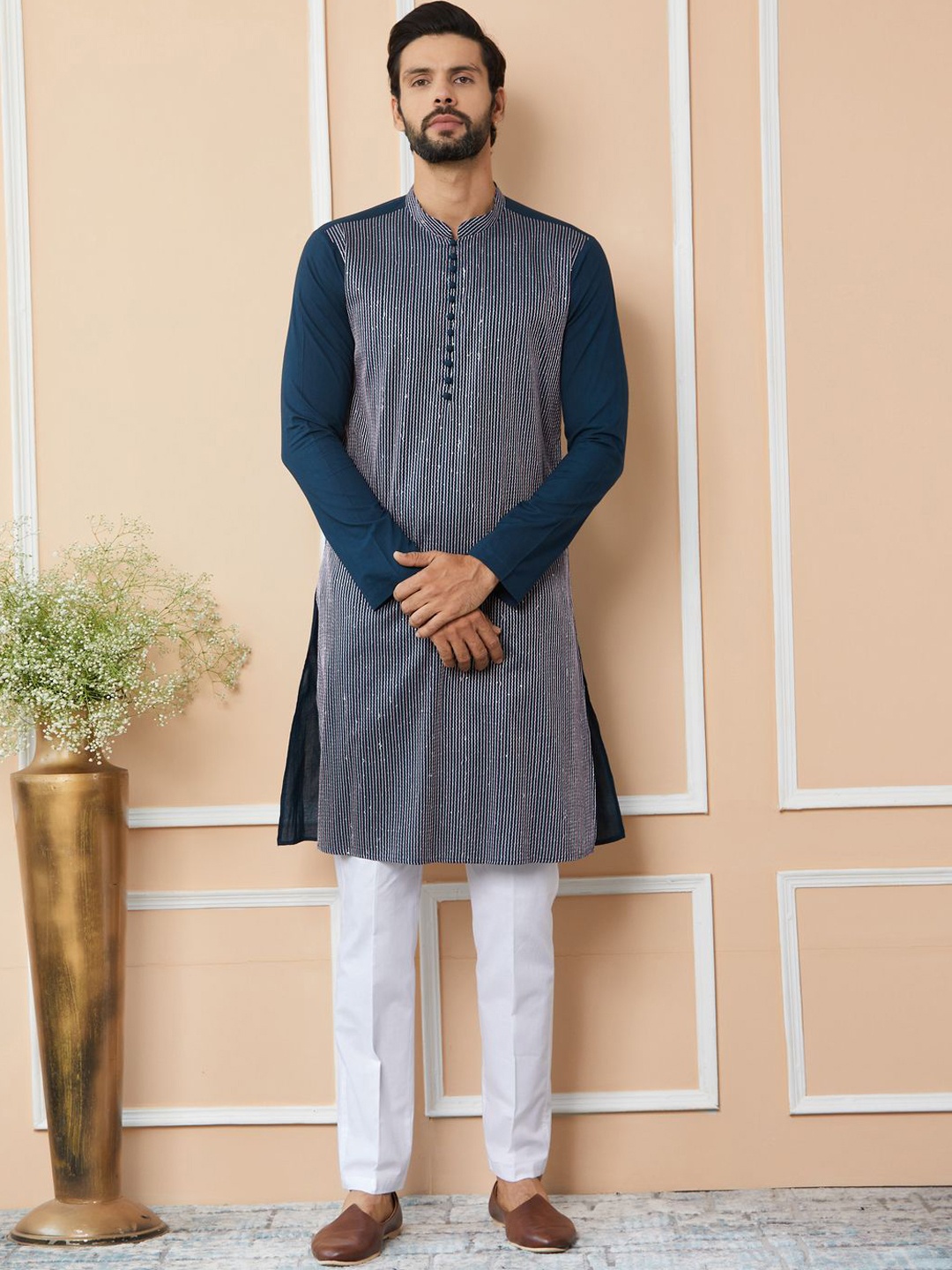 

See Designs Striped Mandarin Collar Thread Work Pure Cotton Straight Kurta, Blue