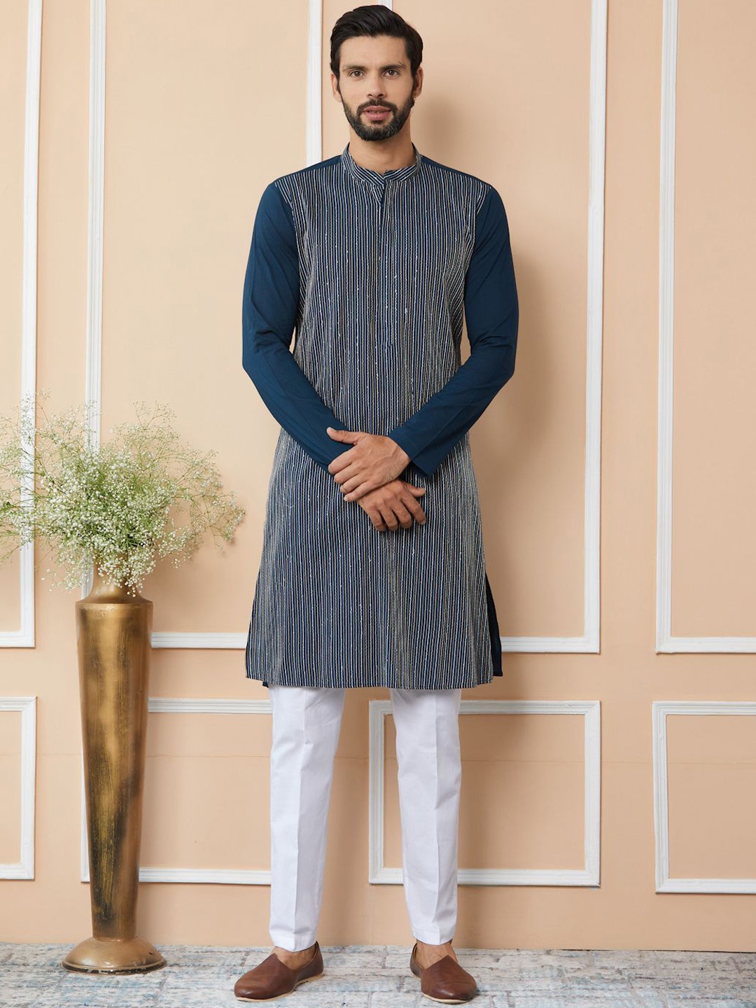 

See Designs Striped Mandarin Collar Thread Work Pure Cotton Straight Kurta, Blue