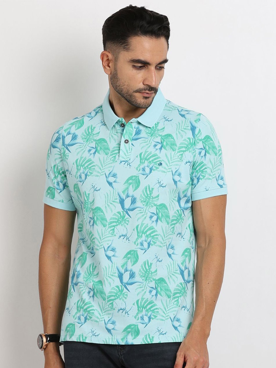 

Turtle Men Floral Printed Polo Collar Slim Fit T-shirt, Sea green