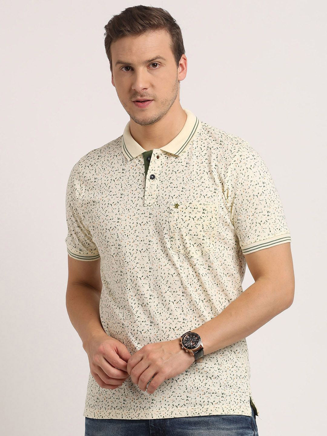 

Turtle Men Printed Polo Collar Pure Cotton Pockets Slim Fit T-shirt, Beige