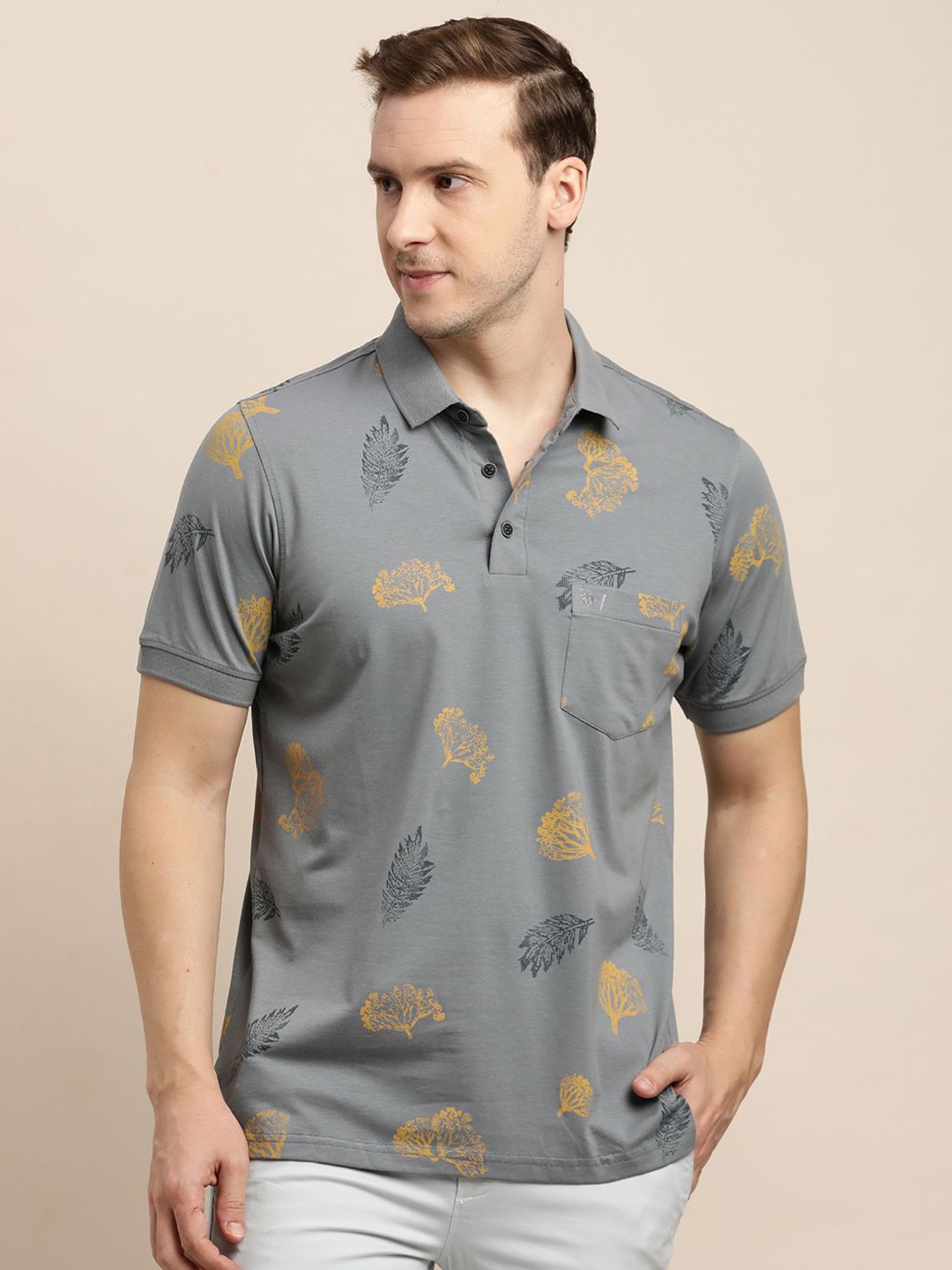 

Turtle Men Printed Polo Collar Pockets Slim Fit T-shirt, Grey