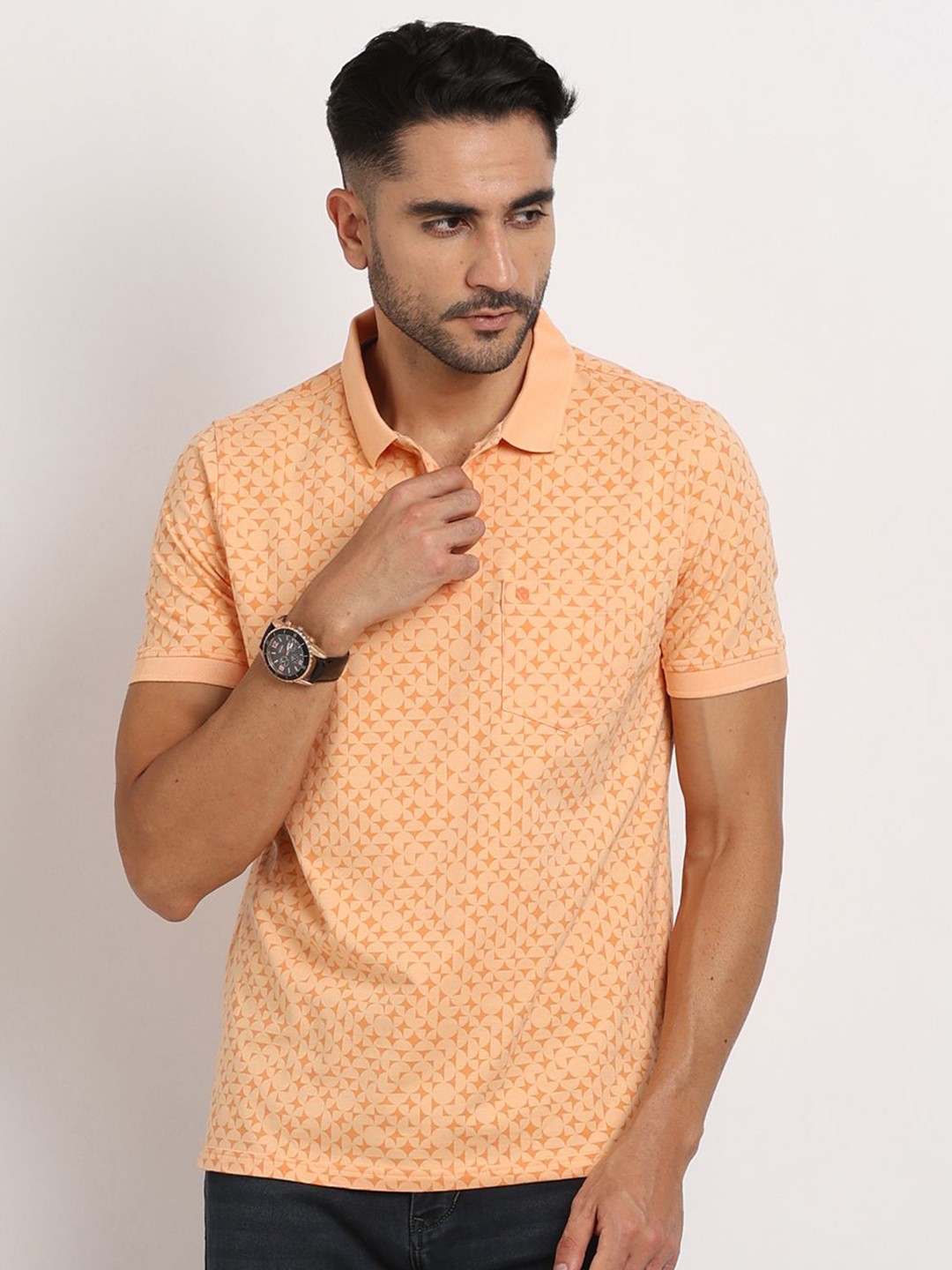 

Turtle Men Printed Polo Collar Pockets Slim Fit T-shirt, Orange