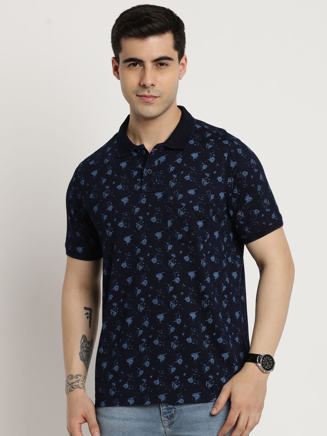 

Turtle Men Printed Polo Collar Pure Cotton Pockets Slim Fit T-shirt, Navy blue