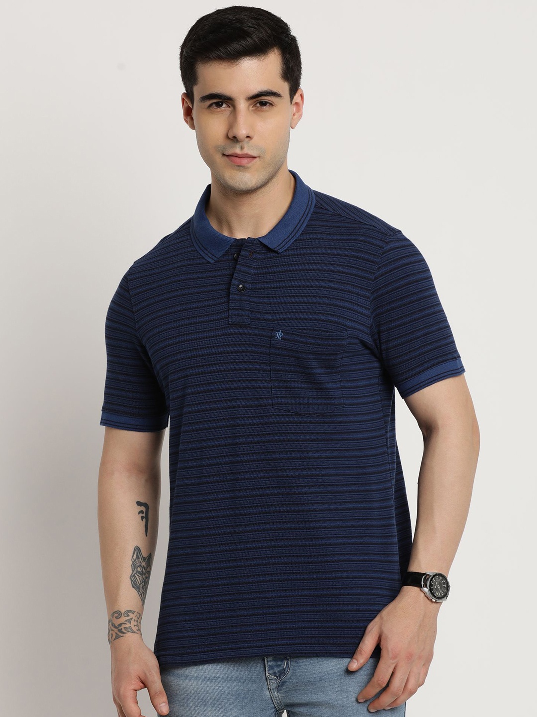 

Turtle Men Striped Polo Collar Pure Cotton Pockets Slim Fit T-shirt, Blue
