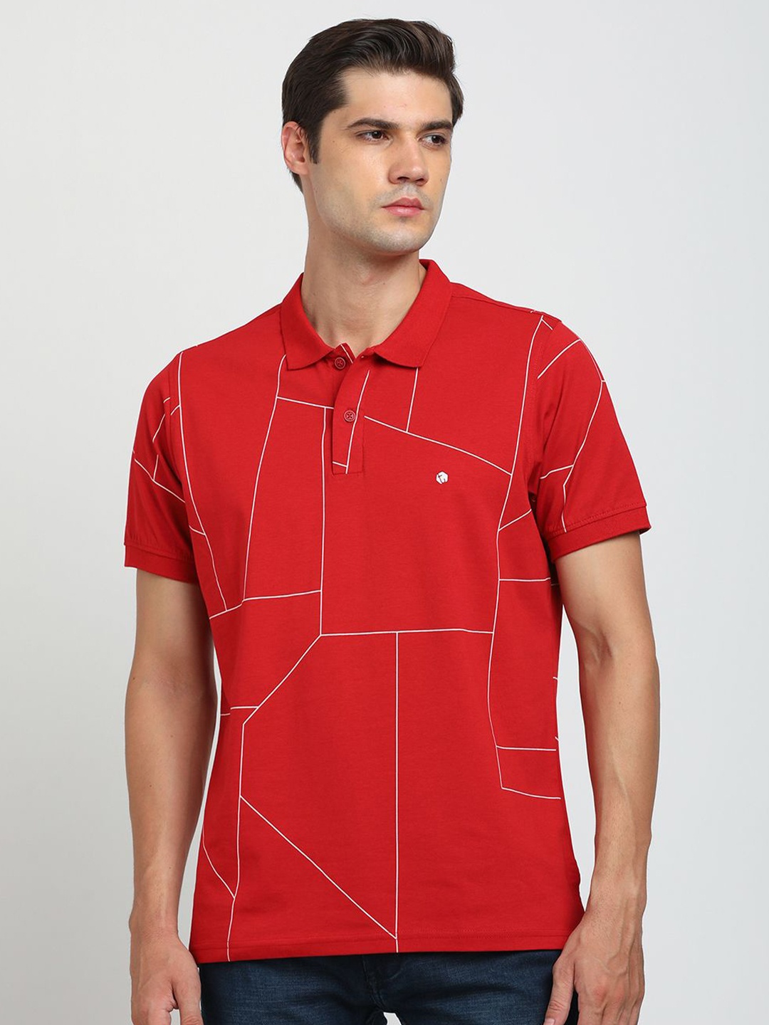 

Turtle Men Geometric Printed Polo Collar Slim Fit T-shirt, Red