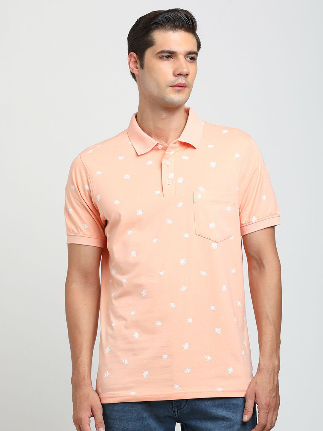 

Turtle Men Abstract Printed Polo Collar Pocket Slim Fit T-shirt, Pink