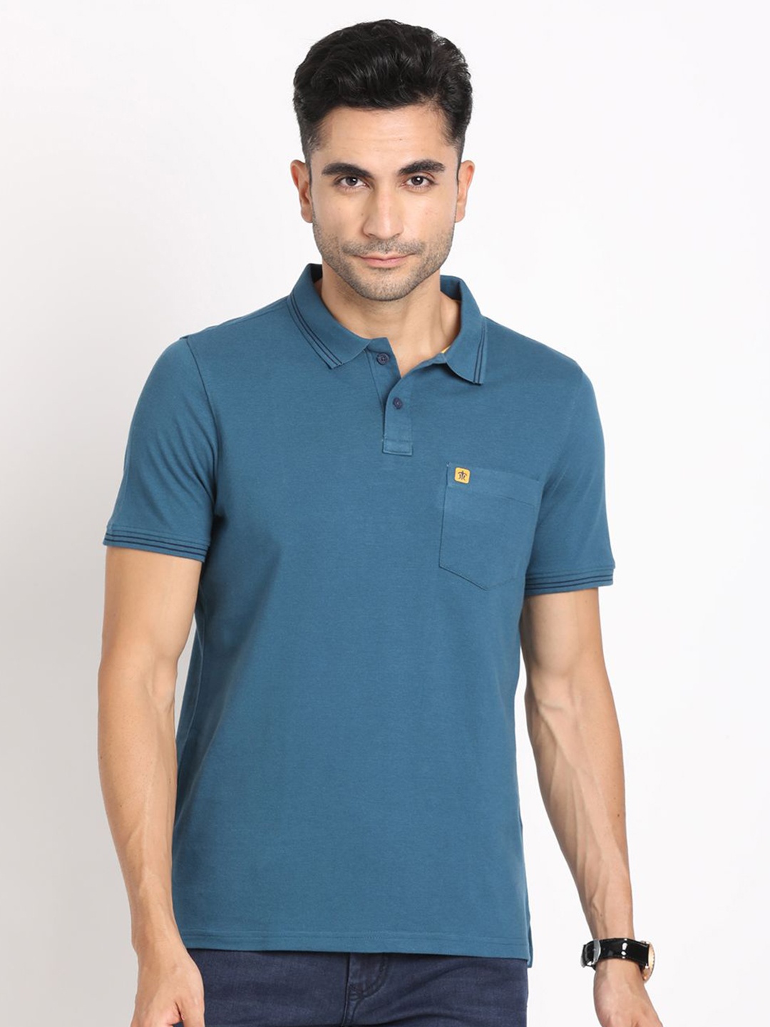 

Turtle Men Solid Polo Collar Pocket Slim Fit T-shirt, Blue