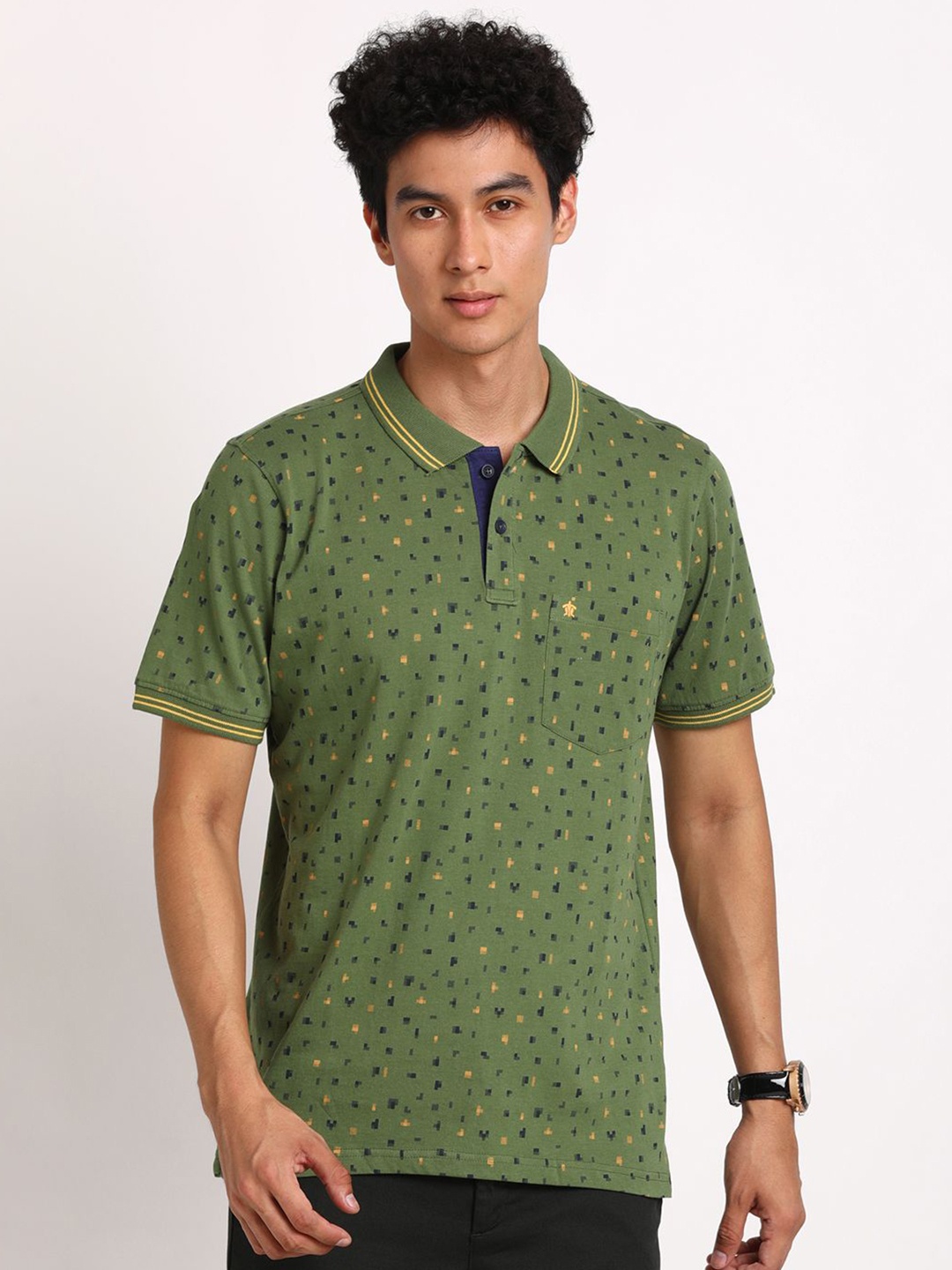 

Turtle Men Abstract Micro Ditsy Printed Polo Collar Pure Cotton Pocket Slim Fit T-shirt, Green