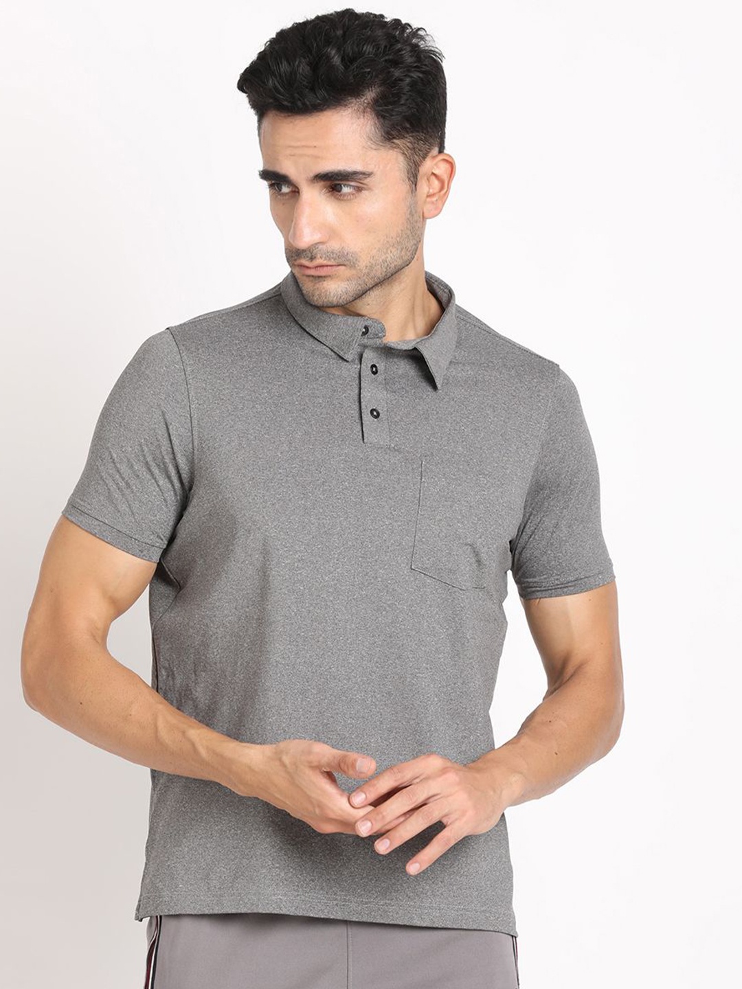 

Turtle Men Solid Polo Collar Pocket Slim Fit T-shirt, Grey