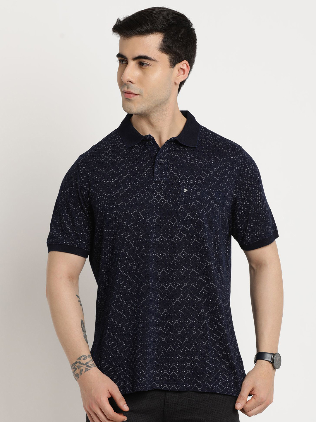 

Turtle Men Geometric Micro Ditsy Polo Collar Pocket Pure Cotton Slim Fit T-shirt, Navy blue
