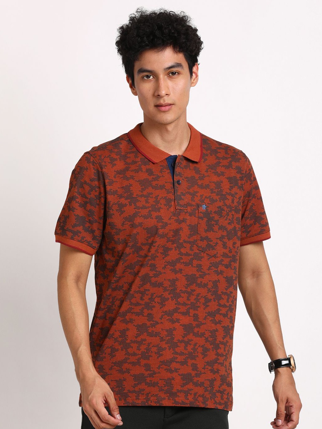 

Turtle Men Abstract Printed Polo Collar Pure Cotton Pocket Slim Fit T-shirt, Brown