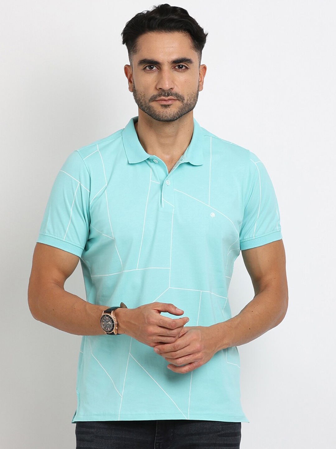 

Turtle Men Geometric Printed Polo Collar Slim Fit T-shirt, Turquoise blue