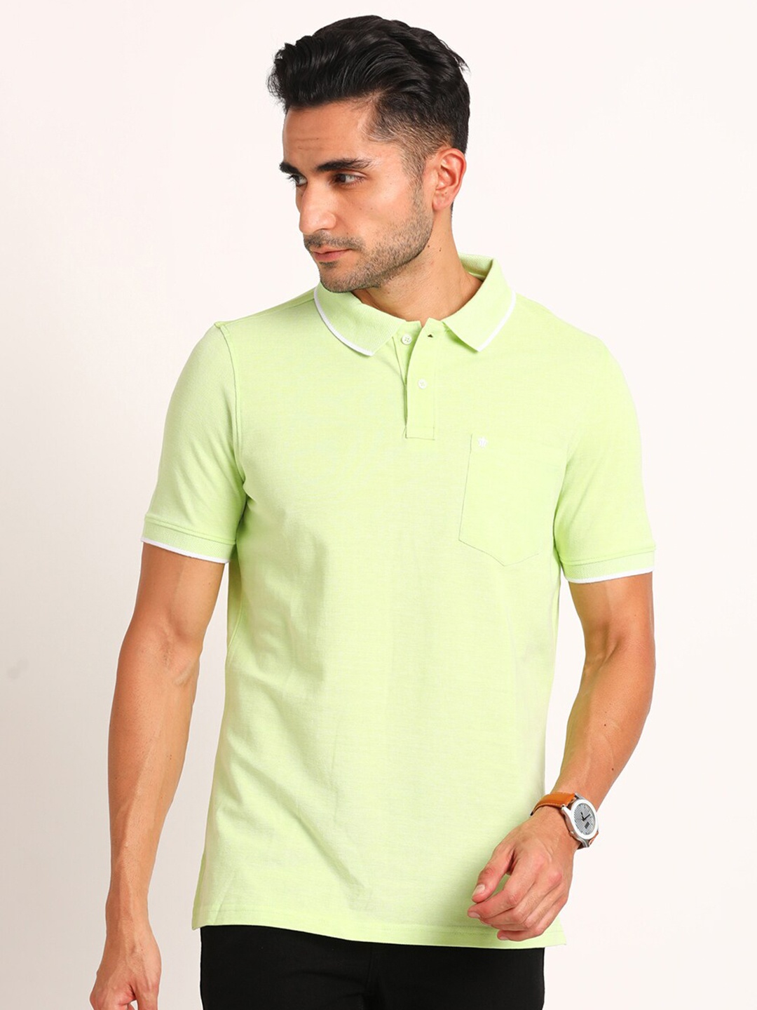

Turtle Men Solid Polo Collar Pure Cotton Pocket Slim Fit T-shirt, Lime green