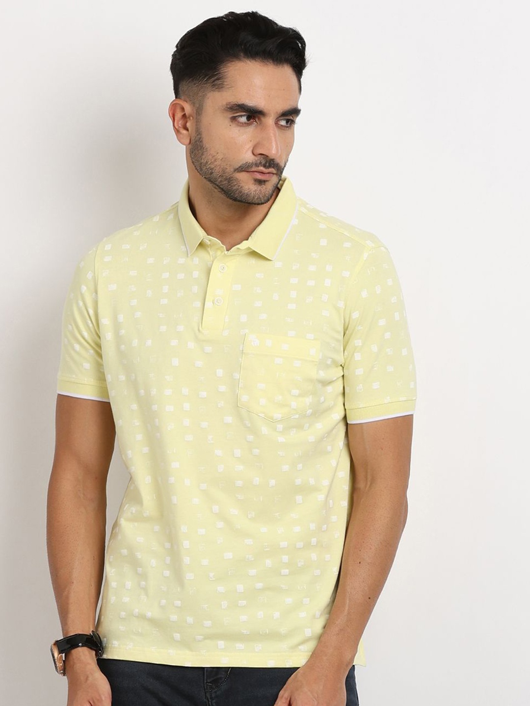 

Turtle Men Geometric Micro Ditsy Printed Polo Collar Pocket Slim Fit T-shirt, Yellow